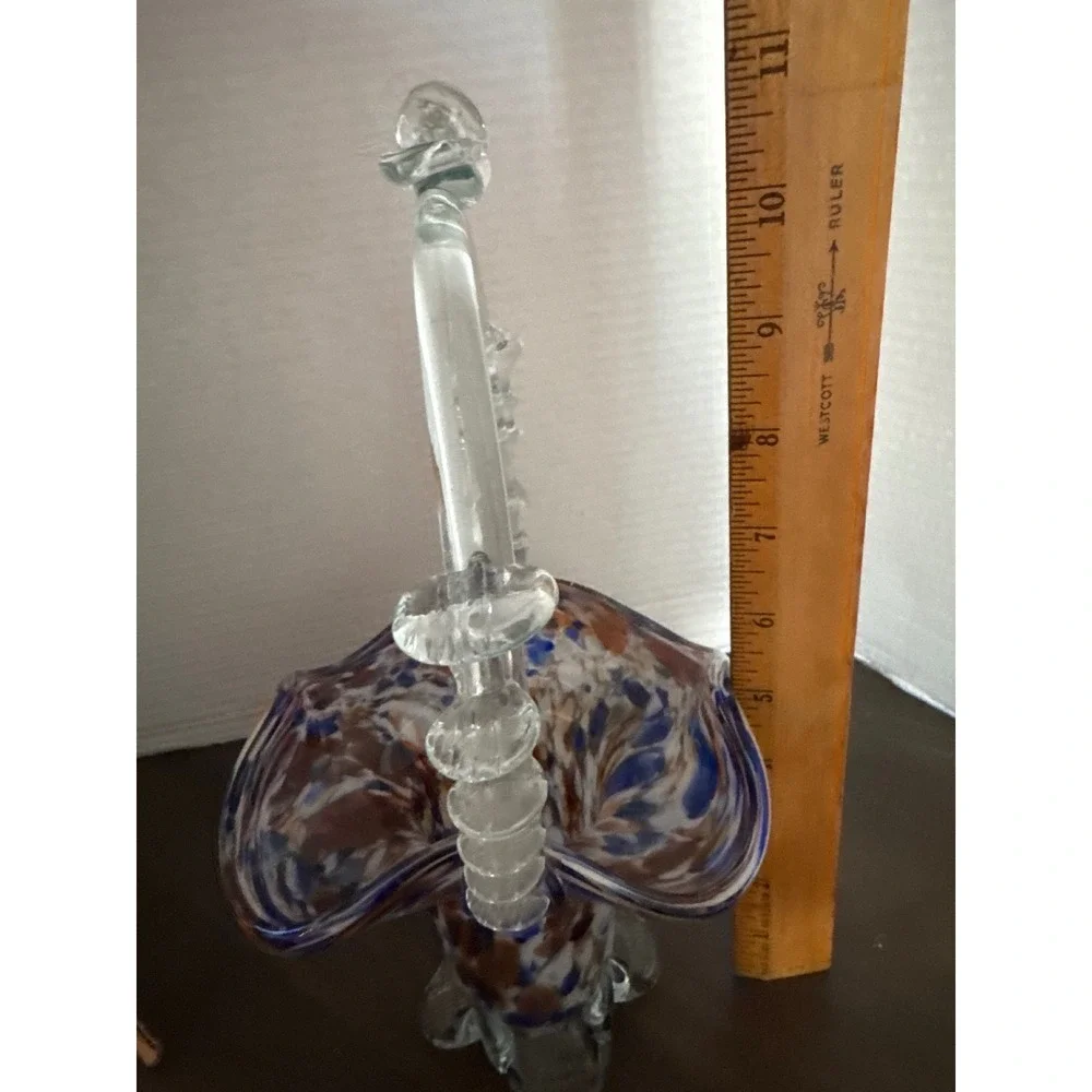 Vintage Hand Blown Art Glass Basket Confetti Blue Orange Splatter Thorn Handle